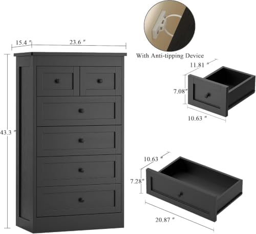 wanan Tall 6 Drawer Dresser for Bedroom, Black Modern 43.3'' Tall Wood Chest of Drawers, Storage Organizer with Smooth Metal Rails & Anti-Tip Kit for Closet, Hallway, Living Room - Image 2