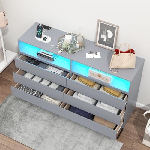 Gyfimoie Grey 6-Drawer Dresser for Bedroom w/Power Outlet and LED Light - Image 3