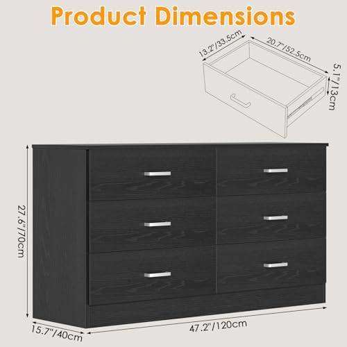 Bigbiglife Wood Dresser for Bedroom, 6 Drawer Double Dresser, Modern Chest of Drawers with Deep Drawers, Large Storage Organizer for Living Room, Closet (Black) - Image 2