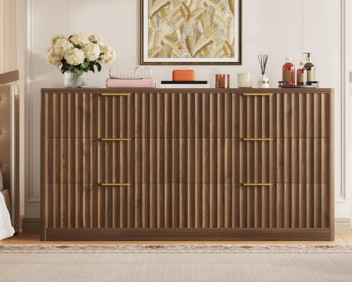 TEENFON Fluted 6 Drawer Dresser for Bedroom, Wide Modern Chest of Drawers with Metal Handle, Curved Profile Design, Wood Closet Clothes Storage Organizer for Bedroom, Hallway, Walnut - Image 3