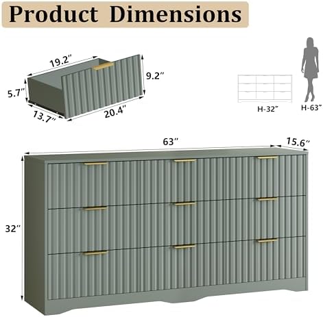 Fluted 9 Drawers Dresser for Bedroom, 63" Wide Wood Dressers, Green - Image 2