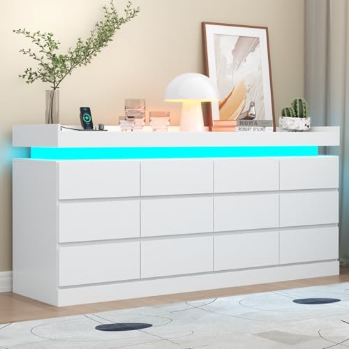 Gyfimoie 12 Drawer Dresser with Power Outlet, Modern Dresser with LED Light by Gyfimoie