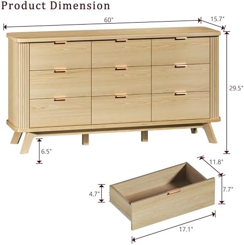 HUAHUU Fluted 9 Drawers Dresser, 60" Mid Century Modern & Chests of Drawers, Curved Profile Design, Dresser TV Stand, for Entryway, Hallway, Bedroom, Oak - Image 2