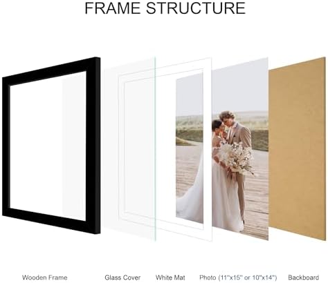 Hongkee 11x15 Picture Frame Set of 4, Made of Real Glass and Black Frame - Display Picture 10x14 with Mat or 11x15 Without Mat, 11 by 15 Photo for Wall Mounting - Image 3