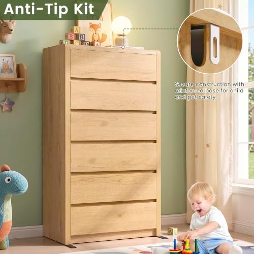 55.6” Tall Dresser with 6 Drawers, Natural Dresser & Chest of Drawers, Wooden Dresser for Bedroom, Living Room, Hallway, Wood Drawer Organizer, Front Curved & Handleless Design - Image 6