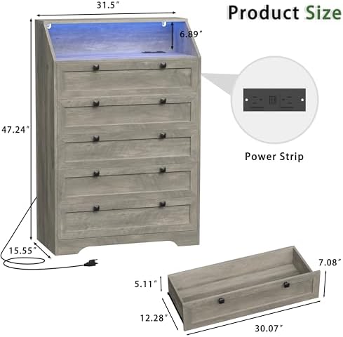 Wodeer Grey Dresser Tall 5 Drawer Dresser for Bedroom, Wood Chest of Drawers with LED Lights, Charging Station, Metal Handles, Modern Storage Cabinet and Organizer Drawers for Living Room, Hallway - Image 3