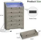 Wodeer Grey Dresser Tall 5 Drawer Dresser for Bedroom, Wood Chest of Drawers with LED Lights, Charging Station, Metal Handles, Modern Storage Cabinet and Organizer Drawers for Living Room, Hallway - Image 3
