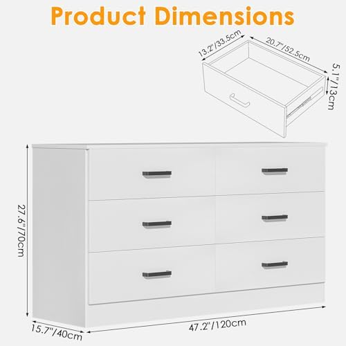 Bigbiglife Wood Dresser for Bedroom, 6 Drawer Double Dresser, Modern Chest of Drawers with Deep Drawers, Large Storage Organizer for Living Room, Closet (White) - Image 2