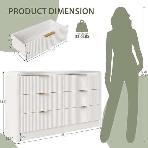 Decofy 55" W Fluted 6-Drawer Dresser for Bedroom, Pure White - Image 2