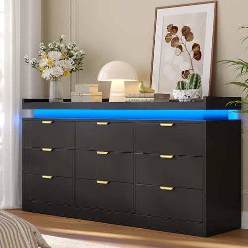 knoworld 9 Drawer Dresser for Bedroom, Black Dresser with LED Lights and Power Outlet, Large Wooden Dressers Modern Chest of Drawers, Triple Wide Drawer LED Dressers for Bedroom, Entryway, Hallway by KNOWORLD
