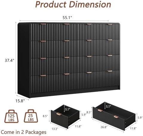 HOUROM 55“ Wide Black Fluted Dresser for Bedroom with 10 Drawers - Image 2