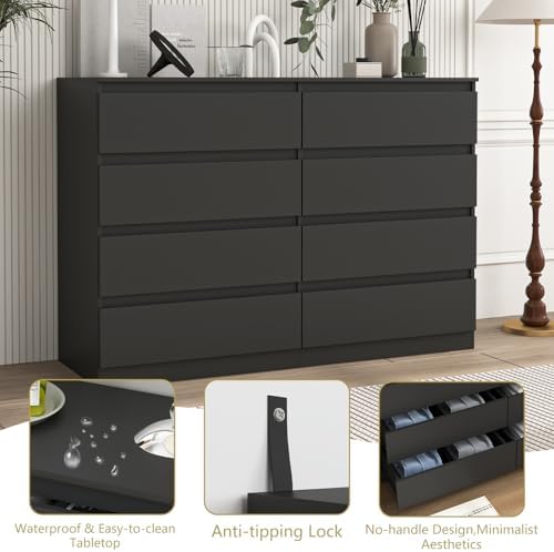 VERYKE Black 8 Drawer Dresser for Bedroom,Chest of Drawers with No-Handle Design for Closet,Modern Wood Dresser Bedroom Storage Furniture - Image 6
