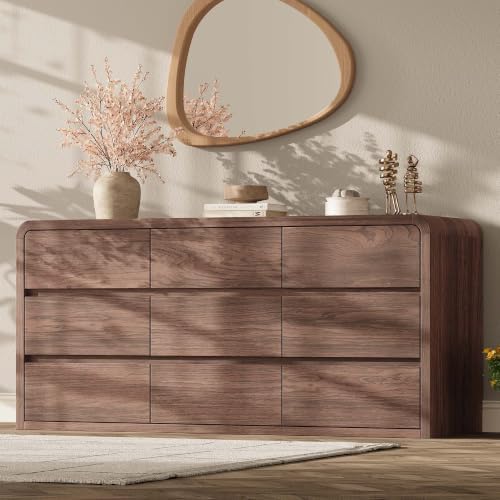 Modern 63" Wide 9 Drawers Dresser with Curved Profile Design,Walnut by TROJMHome