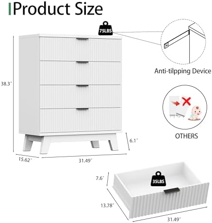 Xixini Fluted Nightstand with 4 Drawers, 31.5" Wide Side Table, White - Image 2