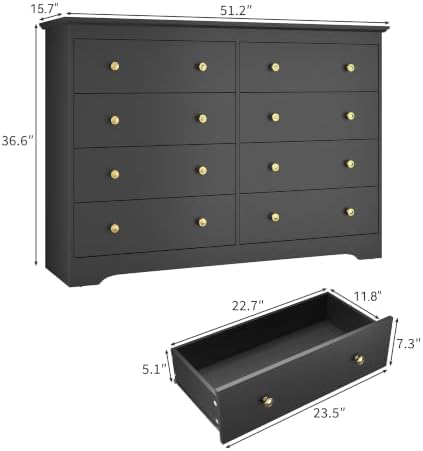 Black Dresser for Bedroom, 8 Drawer Dresser with Large Drawers, 51 Inch Wide Wood Chest for Living Room, Hallway - Image 2