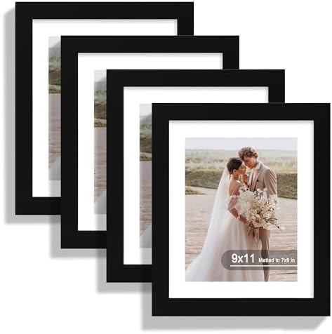 Hongkee 9x11 Picture Frame Set of 4, Made of Real Glass and Black Frame - Display Picture 7x9 with Mat or 9x11 Without Mat, 9 by 11 Photo for Wall or Tabletop by Hongkee