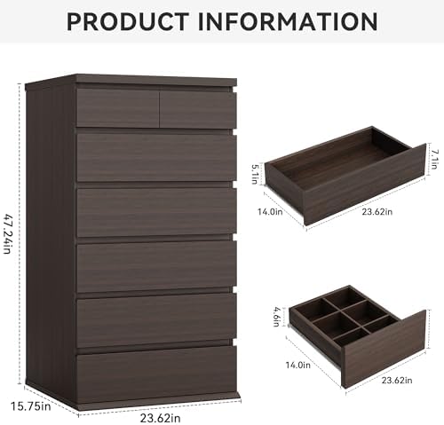 Brown Tall 7 Drawer Dresser for Bedroom, Modern Wood Closet Dressers & Chests of Drawers with Jewelry Storage, 23.6" L*15.8" W*47.5" H in Large Vertical Dresser for Bedroom, Living Room, Nursery - Image 2