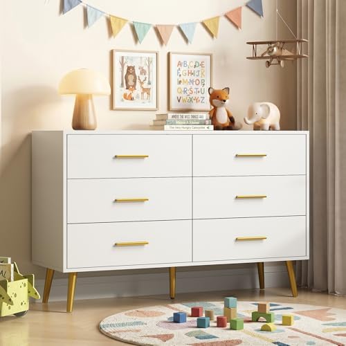 White 6 Drawer Dresser for Bedroom, 47" Wood Dresser with Gold Handles. - Image 4