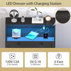 Black Dresser Tall 5 Drawer Dresser for Bedroom, Wood Chest of Drawers with LED Lights, Charging Station, Metal Handles, Modern Storage Cabinet and Organizer Drawers for Living Room, Hallway - Image 5