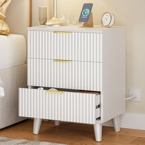 Lulive Wood 3 Drawers Dresser w/Charging Station, Modern Fluted Night Stand by Lulive