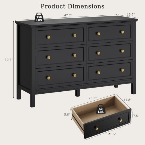 CARPETNAL 47" Black Dresser for Bedroom with Modern Gold Handles & 6 Drawer - Image 3
