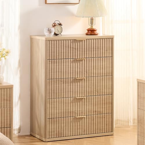 LEYAOYAO Fluted 5 Drawers Dresser for Bedroom, 41" Tall Modern Chest of Drawers with Metal Handle, Curved Profile Design,Natural Wood Drawer Organizer for Bedroom, Living Room, Hallway, Entryway - Image 4