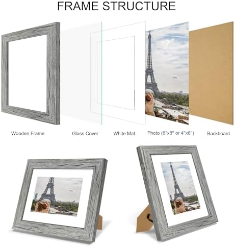 Hongkee 6x8 Picture Frame Set of 4, Made of Real Glass and Grey Frame - Display Picture 4x6 with Mat or 6x8 Without Mat, 6 by 8 Photo for Wall or Tabletop - Image 3