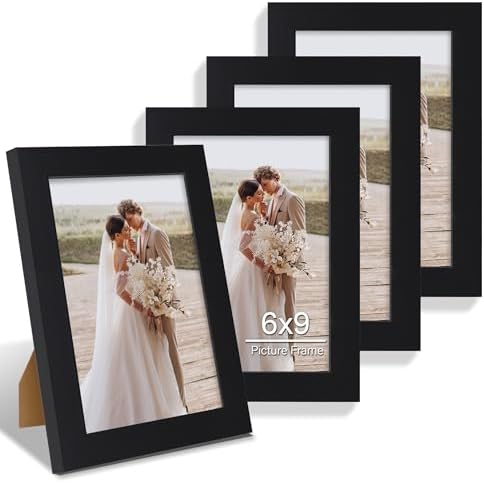 Hongkee 6x9 Picture Frame Set of 4, Made of Real Glass and Black Wooden Frame - 6 by 9 Photo for Wall or Tabletop Display by Hongkee