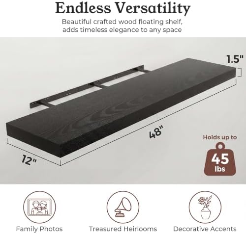 48" Black Floating Shelves 12inch Deep Wall Shelf, Set of 1 - Image 2