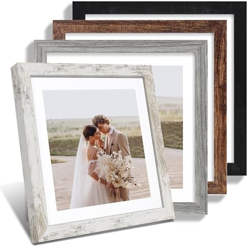Hongkee 12x12 Picture Frame Set of 4, Made of Made of Glass and Multicolour Wooden Frame, 12 by 12 Photo for Wall or Tabletop - Display Picture 10x10 with Mat or 12x12 Without Mat by Hongkee