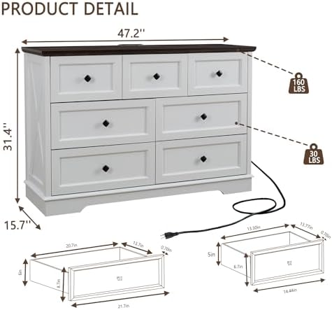 Farmhouse 7 Drawers Dresser for Bedroom with Charging Station,Wood Dressers - Image 2
