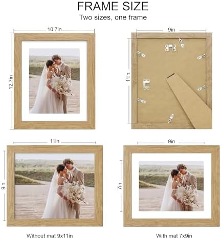 Hongkee 9x11 Picture Frame Set of 4, Made of Real Glass and Natural Oak Frame - Display Picture 7x9 with Mat or 9x11 Without Mat, 9 by 11 Photo for Wall or Tabletop - Image 2