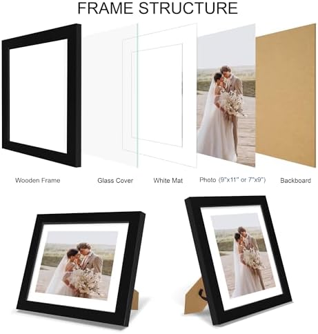 Hongkee 9x11 Picture Frame Set of 4, Made of Real Glass and Black Frame - Display Picture 7x9 with Mat or 9x11 Without Mat, 9 by 11 Photo for Wall or Tabletop - Image 3