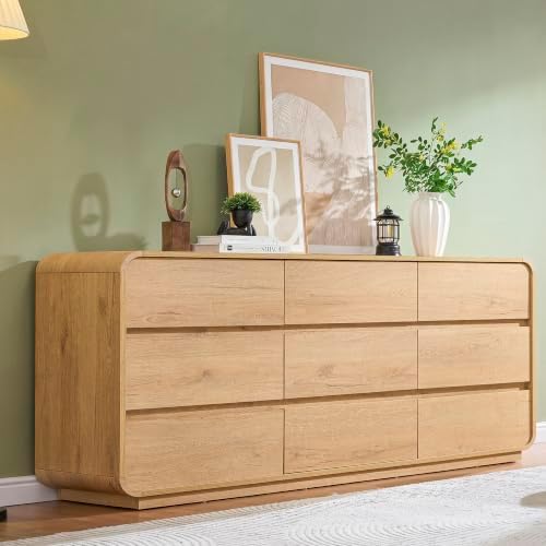 Standifurno Natural Dresser for Bedroom with 9 Drawers, 63" Wide Modern Drawers with Curved Design, Wood Drawer Organizer for Living Room, Hallway by StandifurnoFurniture