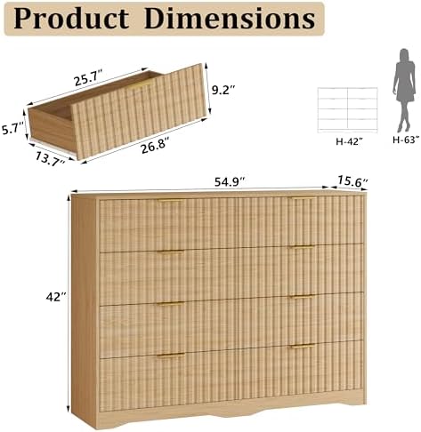 Fluted 8 Drawers Dresser for Bedroom, 55" Wide Wood Dressers, Natural Oak - Image 2
