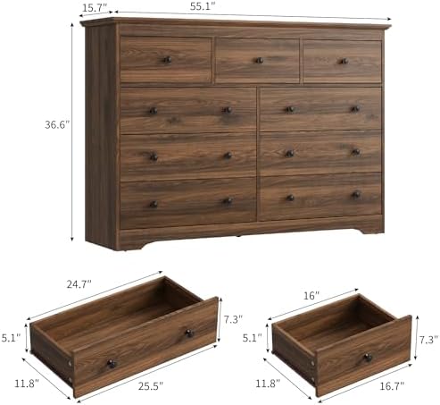 Dresser for Bedroom, 9 Drawer Dresser with Large Drawers, 55 Inch Wide Wood Chest for Living Room, Hallway, Walnut - Image 2