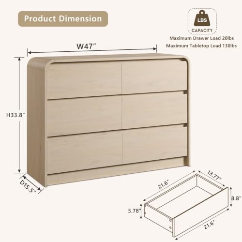 Aitjunz Modern 6 Drawers Dresser for Bedroom, 47" Wide Wood Dressers, Cream - Image 2