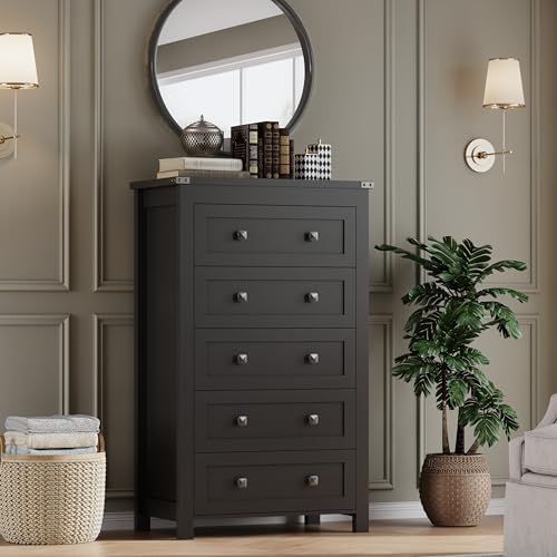 BORNOON Tall 5-Drawer Dresser, Modern Wooden Storage Chest of Drawers, Dresser TV Stand, Wood Drawer Organizer with Metal Handles for Bedroom, Living Room, Hallway - Image 6