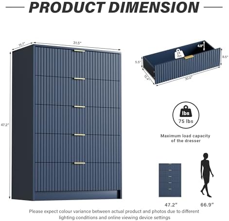 Furniway Blue Dresser for Bedroom, Modern Dresser with 5 Drawers and Smooth Slides, Wide Chest of Drawers with Golden Handles for Bedroom, Living Room, Closet, 15.7" D x 31.5" W x 47.2" H - Image 2