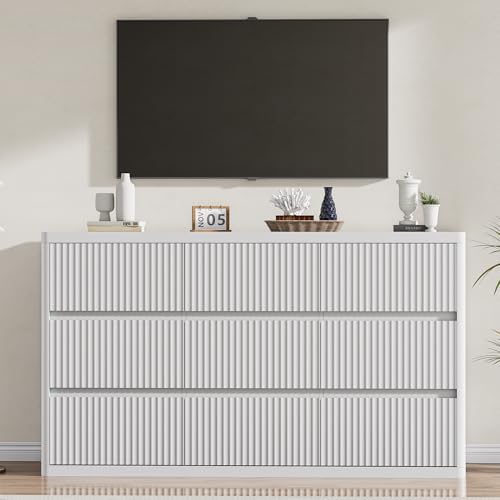 Standifurno White 9 Drawers Dresser, 57" Wide Fluted Dresser for Bedroom, Modern Chest of Drawers with Curved Profile, Handleless, Wooden TV Stand with Organizer Storage for Living Room, Entryway - Image 5