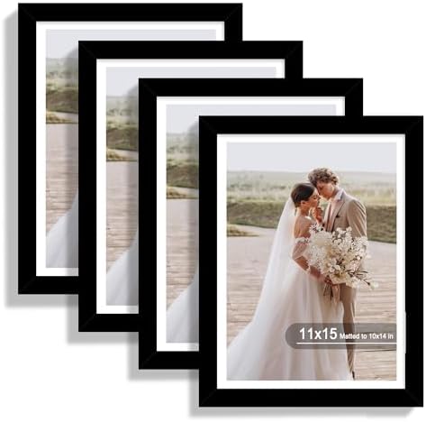 Hongkee 11x15 Picture Frame Set of 4, Made of Real Glass and Black Frame - Display Picture 10x14 with Mat or 11x15 Without Mat, 11 by 15 Photo for Wall Mounting by Hongkee