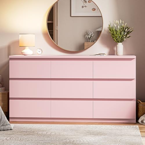Jocoevol Modern 9 Drawer Dresser for Bedroom, Simply Chest of Drawers, Wood Storage Dresser with Deep Drawers for Living Room Hallway Entryway (Pink) - Image 3