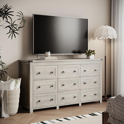 Xixini 59.1" Wide 9-Drawer Farmhouse Dresser for Bedroom, Light Grey - Image 6