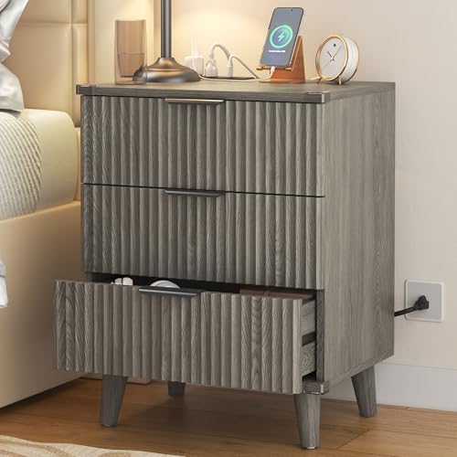 Lulive Wood 3 Drawers Dresser w/Charging Station, Modern Fluted Night Stand by Lulive