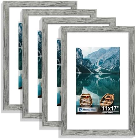 Hongkee 11x17 Picture Frame Set of 4, 11 x 17 Grey Wood Style(Mat 8x12) by Hongkee