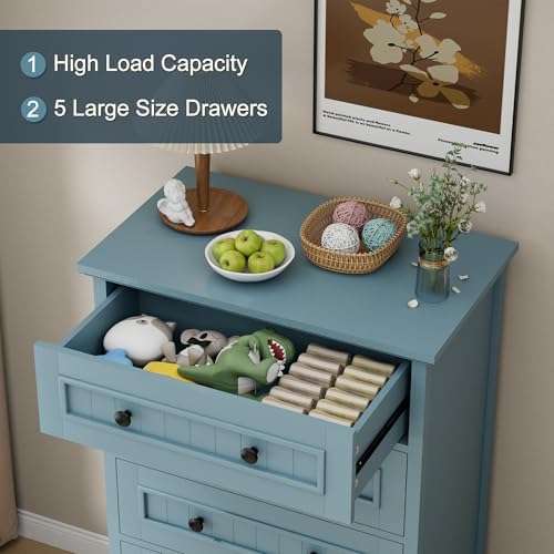42.7'' Tall 5 Drawer Dresser for Bedroom, Vintage Blue Wood Storage Chest - Image 5