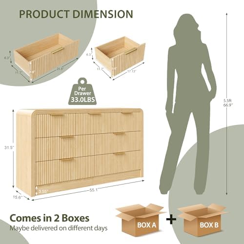 Decofy 55" W Fluted 7-Drawer Dresser for Bedroom, Natural Oak - Image 2