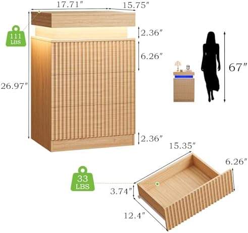 Fluted LED Night Stand with Charging Station, Natural Oak - Image 2