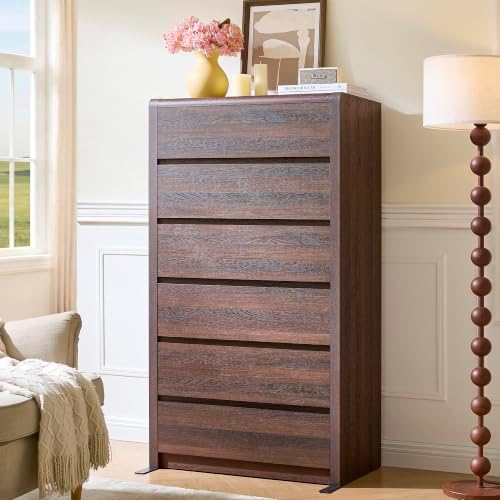 Modern 6 Drawers Dresser for Bedroom, 55.6” Tall Walnut Dressers & Chest of Drawer, Wooden Dresser for Living Room, Hallway, Front Curved & Handleless Design - Image 7