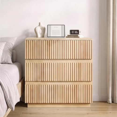Karl home Natural Oak 3 Drawer Fluted Nightstand, Modern Storage Chest - Image 2